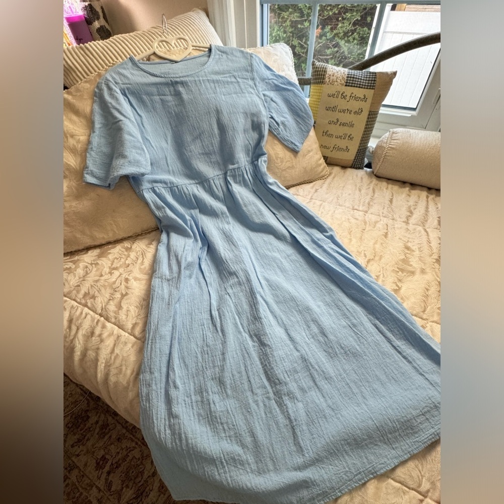 124. Blue Cotton Blend Oversized Babydoll Dress M - Picture 3 of 6